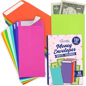 Decorably 110 Pack Colorful Money Envelopes for Cash, 6.5" x 3.5" with Self-Adhesive; thick 100GSM, for Cash, Coins, Tip, Gift, Trinkets, Small Items, Banking, Business