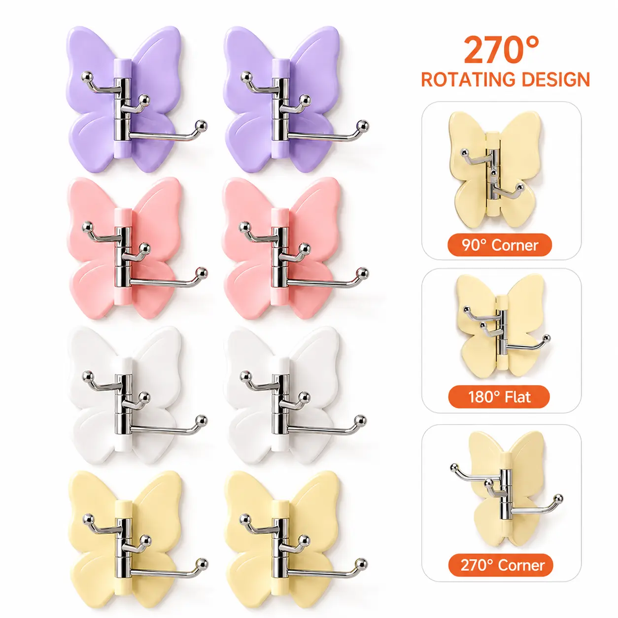 8-Pack 270° Rotating Butterfly Hooks, Strong Adhesive Home Organizer Hooks - No Drilling Required, for Towels, Bags, Hats