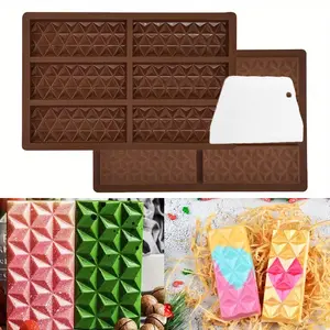 2pcs Thick Chocolate Bar Molds with Scraper - Premium BPA-Free Silicone, Square Candy Molds for Homemade Snacks, Passion Fruit Dubai Chocolate, Easy Release & Reusable Baking Tools, Dualcompartment Scraper | Highquality Silicone Plastic Tin