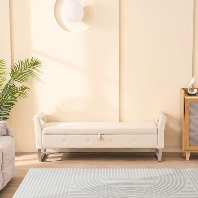 Bellemave 67.91" Wide Velvet Upholstered Footstool - Soft Cushioned Multifunctional Stool with Armrests, Storage Bench, Beige Fabric, Living Room Entryway Decor Piece