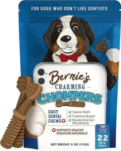 Bernie's Charming Chompers Daily Dental Chews for Small Dogs, 5-15 Lbs, 22 Count – Cleans Teeth, Freshens Breath, Boosts Oral-Gut Microbiome, Easy to Digest, Supports Healthy Digestion Naturally