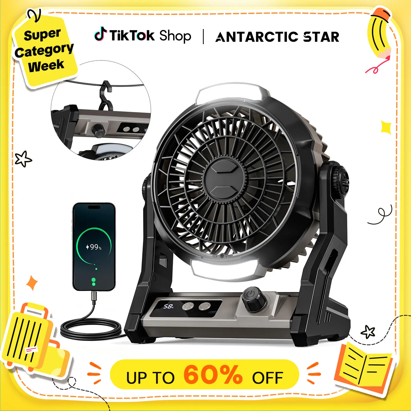【BackToSchool】Antarctic Star 3-in-1 Portable Fan - 100 Wind Levels, 10000mAh, 7-25H Runtime, 2-Level Night Light, 4 Timer Options - Desktop/Wall-Mounted/Hanging, Power Bank for Emergency Charging - Camping Accessories for Dorm Room, Garage, Fan Portable