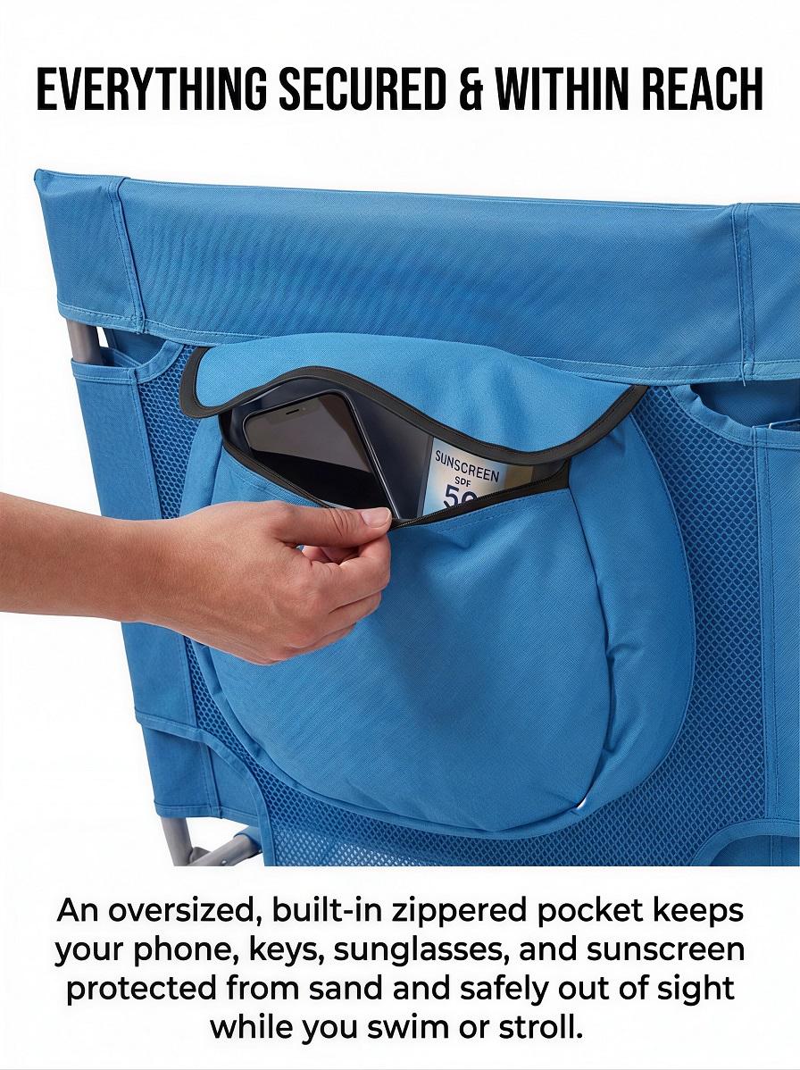 68.5*21.3" Blue Outdoor Lounge Chair, Iron Tube, Oxford Fabric, with Cooler Bag, Mesh Splicing, Foldable,Adjustable armrest leisure bench, portable beach bench, suitable for outdoor use, patios, poolside and lawns Durable Fabric Chair chaise wicker design