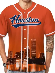 Men's Houston Baseball Jersey, with 'houston' Script & Skyline Design, Fitted Style for All-Season Play & Leisure, Sports Top