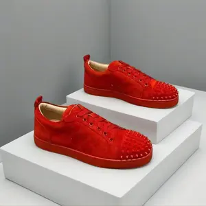 New Rivet Red Velvet Red Bottom Board Shoes Trendy Versatile Personalized Student Trendy Flat Bottom Board Shoes Head Layer Cowhide