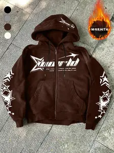 Trendy Star Print Hooded Fitted Jacket, Fleece Lined Warm Coat, Zipper Design, Casual Long Sleeve, Fall & Winter Fashion, Street Style