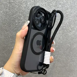 Magnetic transparent Foldable iPhone Case with Lens Cover & Wrist Strap, Shockproof Anti-Drop Protective Bracket, Wireless Charging Compatible, for iPhone 12-17, Cellphone Accessories