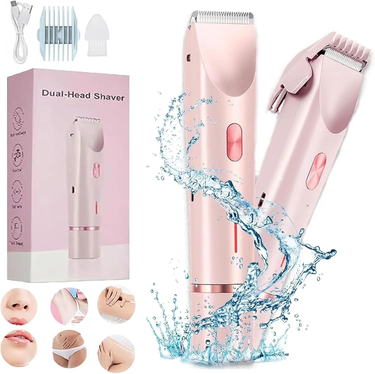 New Women's Glowaura IPX7 Waterproof 2-in-1 Dual Head Cordless Portable Rechargeable Electric Shaver - Type-C, Wet & Dry, Facial & Body & Pubic Hair Removal, Bikini Trimmer (Pink), Cordless Portable Shaver