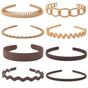 Unisex Hair Band 8Pcs Plastic Headband with Teeth Head Bands Combing Hairbands Wavy Outdoor Sports Headbands for Men's Hair Band Hoop Clips Women Accessories Non Slip Head Band Headwear,Khaki and Coffee