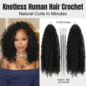 Kinky Curly Knotless Pre-Separated Crochet Hair Extensions Human Hair Water Wave Crochet Hair Natural Black 14inch-22inch 60g/Bundle Feather Human Hair Extension