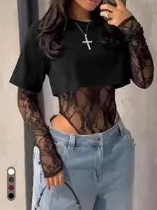 Sexy Lace Bodysuit Casual Cropped Tee Tops for Women See Through Club Outfits for Night Out Party