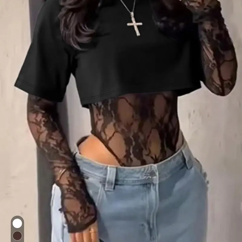 Women's Floral Lace Bodysuits Crew Neck Cropped T Shirt Sexy Patchwork Tops Long Sleeve Night Out Body Suit 2026 Fit Sheer Lace Lingerie Bodysuit