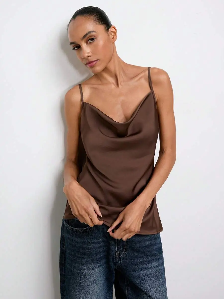 Siren x [FS] Maija Dark Brown Summer Seductive Night Out Club Date Women's Silk Satin Camisole,Spaghetti Strap Open Back Drape Neckline Tie Backless Top Sexy Vacation