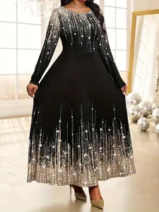 Elegant Plus Size Women's Long Sleeve Round Neck Digital Print Dress, Fitted Casual Style for All Seasons, Comfortable Fashion Wear Womenswear