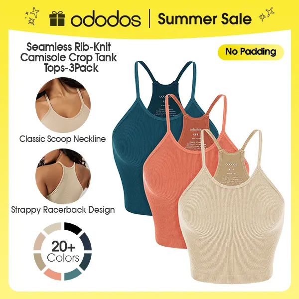 ODODOS Women's Crop 3-Pack Seamless（No Padding) Rib-Knit Camisole Long Crop Tank Tops summerwins,back to school,back to school shopping