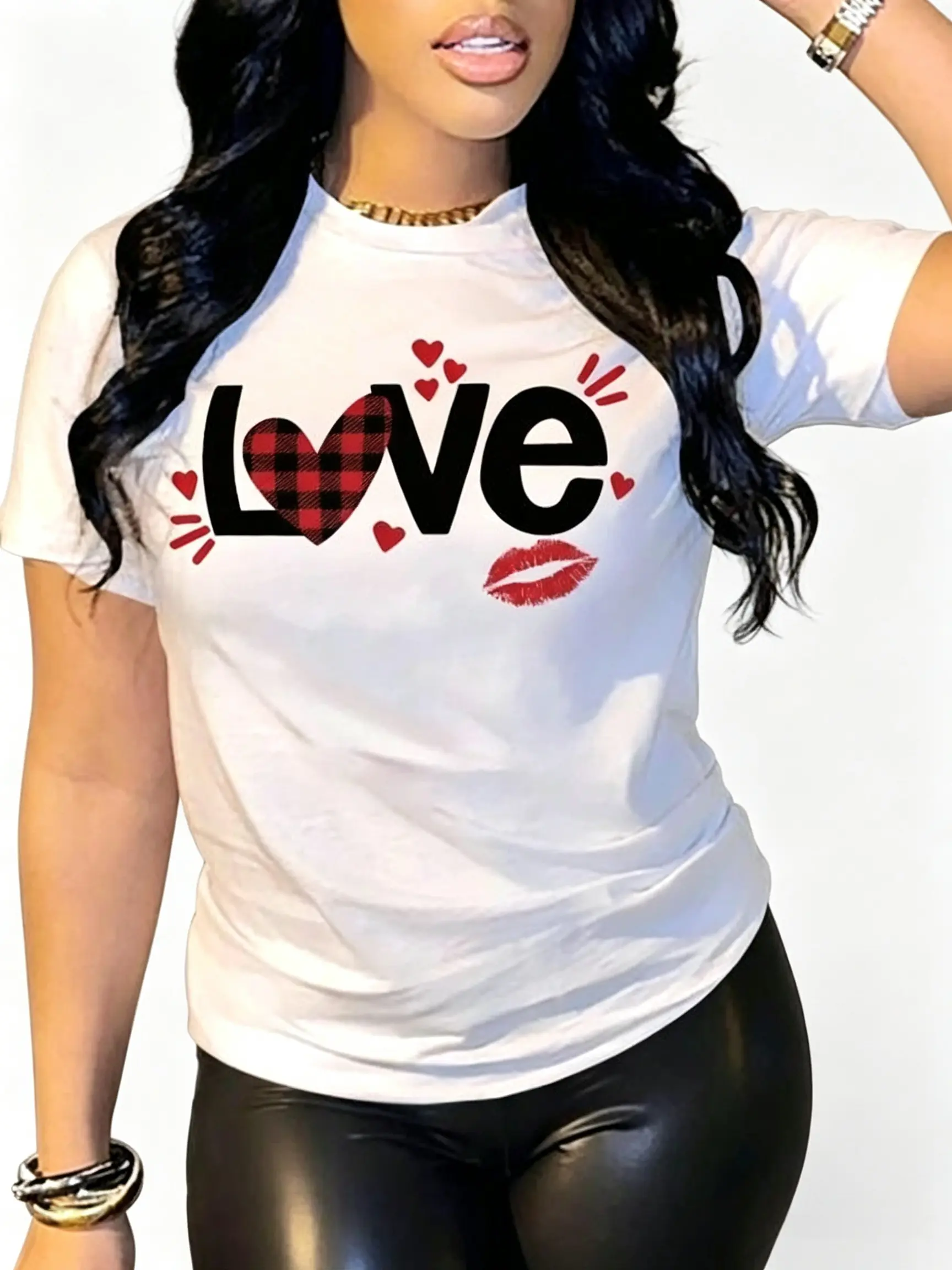 Women's Heart & Lip & Letter Print Round Neck Tee, Casual Short Sleeve Crew Neck T-shirt for Summer, Love Tshirt,Fashion Women's Top for Daily Wear, Cotton, Women's Clothes
