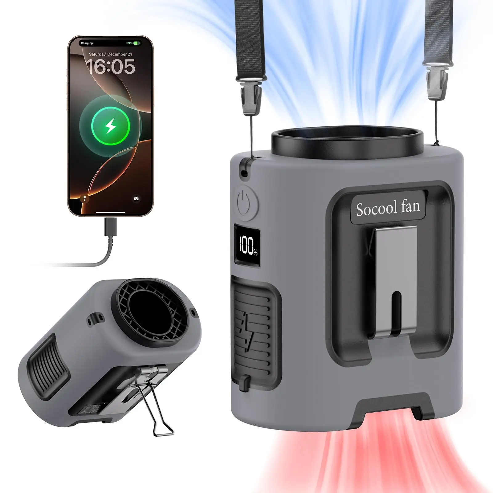 SOCOOL FAN Portable Waist Fan, USB Rechargeable Personal Fan with Phone Charging Function, 4 Speeds 13000RPM Fan, Suitable for Outdoor Camping Travel