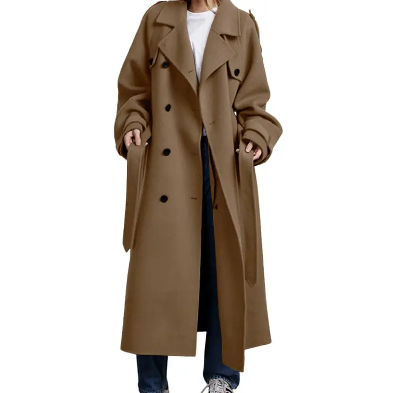 Camel long coat with double breasted buttons
