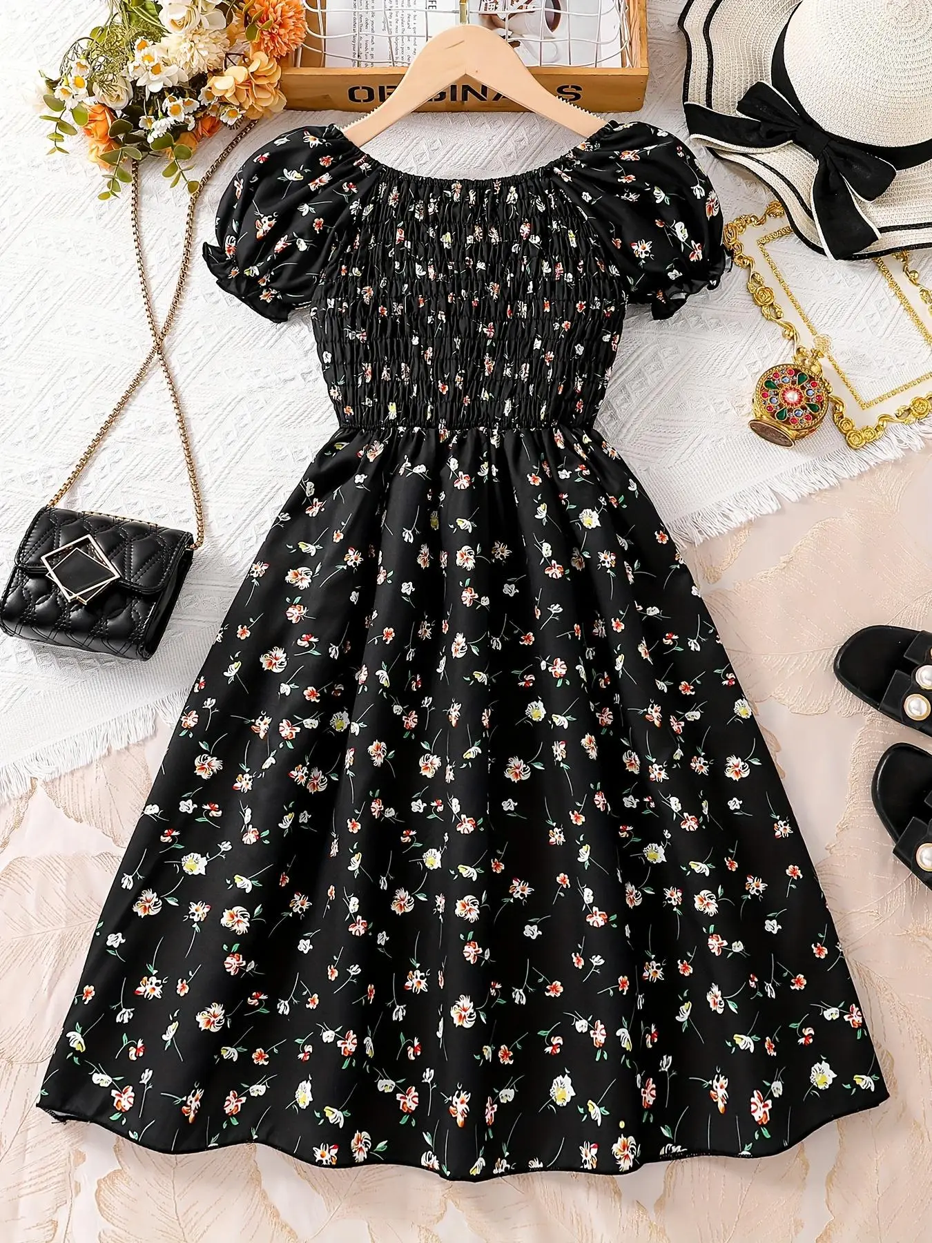 Girl's Ditsy Floral Print Ruffle Trim Sweater Dress, Casual Fashion Soft Comfy Sleeveless A Line Dress for Daily Outdoor Wear, Kids Clothing for Summe