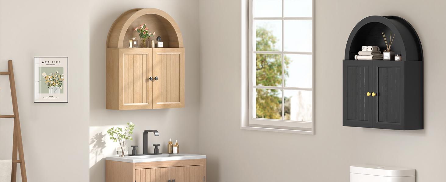 Arched Bathroom Wall Cabinet, 23.6 x 30.3'' Over The Toilet Cabinet with Grille Door, Adjustable Shelf, Wall Mounted Cabinets for Bathroom Laundry Room Kitchen (Oak, 30IN)