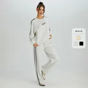 Women's Minimalist Crew Neck Bold Stripe Letter Print Sweatshirt & Wide Leg Trousers Co-ord Set & Separates, Comfort Loose Tracksuit for Lady, Basic Outfits (CN)