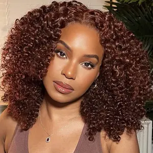 MORE FACE #33 Reddish Brown Kinky Curly Wig Wear and Go Glueless Wig Human Hair Pre Plucked Pre Cut 6*4 Transparent Lace Closure Wigs Natural Hairline