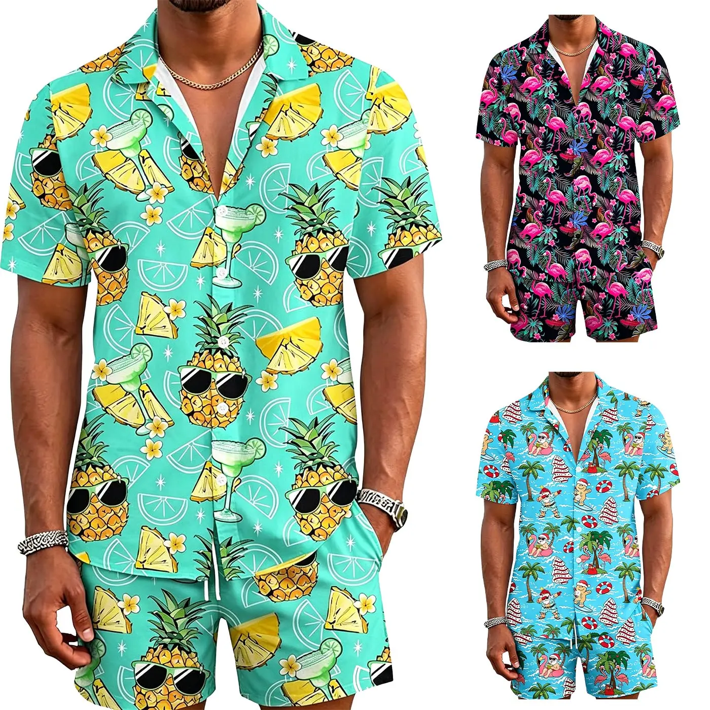 Men’s Hawaiian Vacation 3 Piece Outfit, Tropical Print Button Down Shirt & Shorts Set, Double-Line Grid Fabric Casual Beach Wear