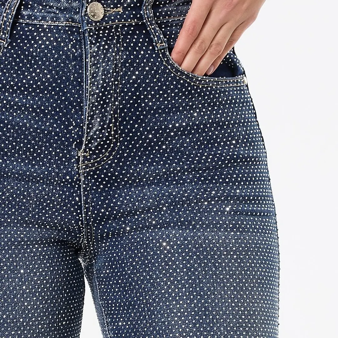 Women's Crystal Rhinestone Western Jeans - Indigo Blue All Over Sparkle High Waisted Loose Straight Leg Full Length Cotton Blend Denim, Zip Fly Button Bling Cowgirl Pants for Concerts