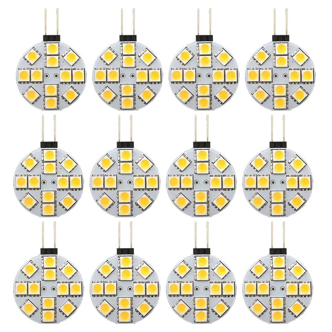 12PCS G4 Base LED Puck Lights, Side Pin Round 5050 12LED SMDs Bulbs, RV Lighting for Camper, Home Reading (Warm White)