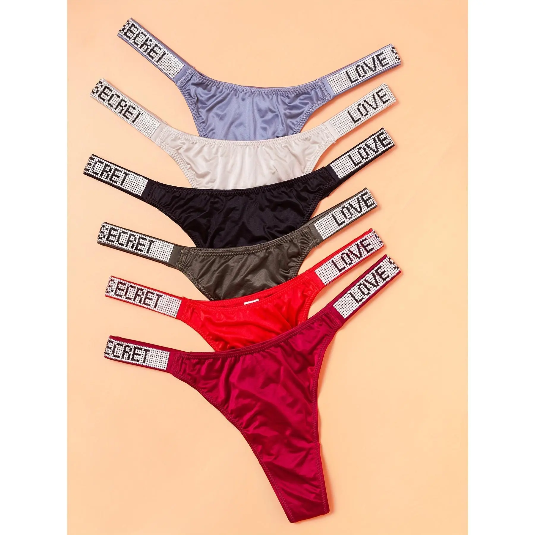 Women's Stretchy Cotton Thongs - 6-Pack Bridal & Everyday Style Intimates with Letter Rhinestones, Low-Waist Breathable Panties Set, Lingerie, Intimates Panties