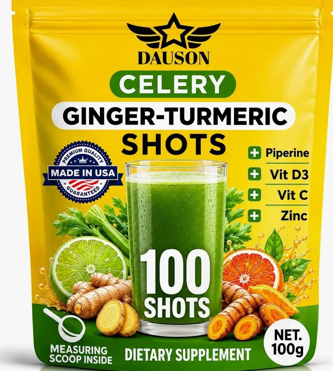 Celery Shots Boosted with Ginger, Turmeric, Piperine & Prebiotics Shots | Wellness Herbal Supplement for Detox, Immunity Boost & Digestive Support | 100 Servings