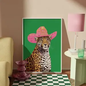 Pink Cheetah Western Wall Art, Maximalist Green Decor, Retro Apartment Poster, Cowgirl Aesthetic POSTER