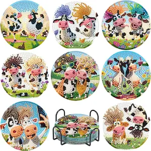 8-Piece Diamond Art Coaster Set with Stand, DIY Cow Diamond Painting Coasters, Full Drill Hole Water Beads, Beginner Adult Craft Supplies, Diamond Painting Kits