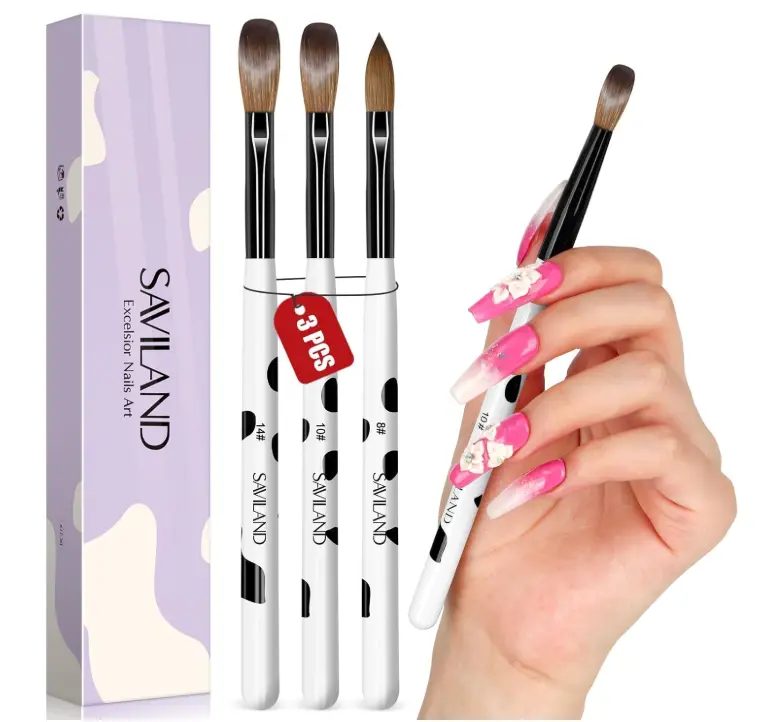 Saviland 3pcs Acrylic Nail Brush Set, Size 8/10/14 Kolinsky Acrylic Nail Brushes for Acrylics Application, Acrylics Powder Nails Art Extension with Black & White Handle for Beginner & Professional