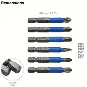 6pcs Magnetic Phillips Screwdriver Bit Set, Non-Slip Cross Head, 1/4" Hex Shank, S2 Steel - PH1 PH2 PH3 PZ1 PZ2 PZ3, Ideal for Electric Drills, Enhanced Grip & Durability, Screwdriver Set