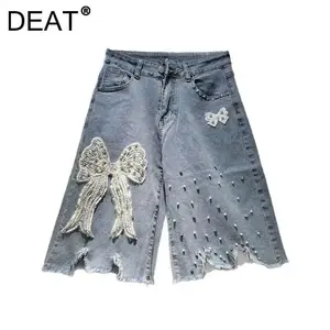 DEAT Big Bow Burrs Edge Pearls Knee Length Straight Short Jean High Street Y2K Style Women's Regular Fit Summer 2025