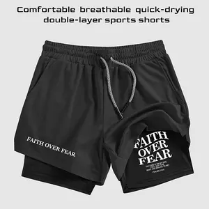 "Faith Over Fear" 2-in-1 Men's Athletic Shorts - Quick-Dry Training Running Shorts, Summer Casual Streetwear with Hidden Phone Pocket, Workout Gym Bottoms, Perfect Sportswear Gift
