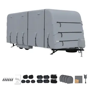 Waterproof RV & Trailer Protective Cover, UV Resistant All-Weather Shield with Zippered Door, Gutter Guards, Extra Straps and Tire Covers