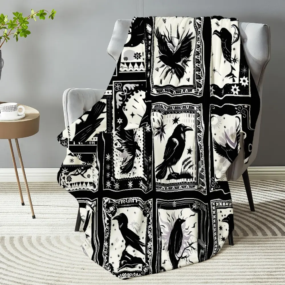 Gothic Raven Print Flannel Blend Blanket - Multi-Size Lightweight Warm Throw, Machine Washable for Living Rooms & Travel Decor