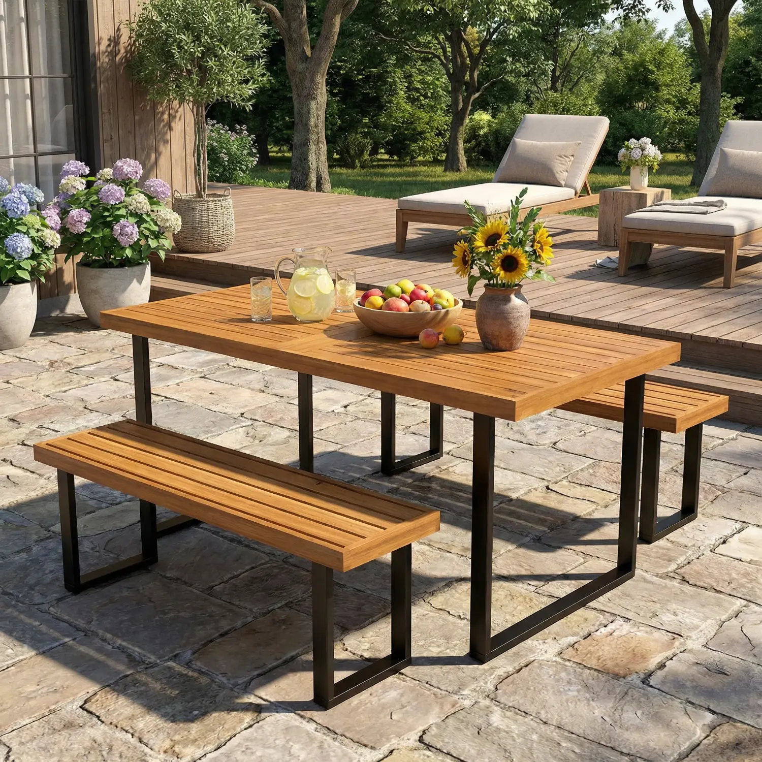 Spaco Modern 6-Seater Acacia Wooden Outdoor Patio Table - Slatted Top, Sturdy Steel Frame, 1.97in Built-In Umbrella Hole, Sturdy Dining Room Furniture for Garden, Deck (Assembly Required)