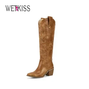 Wetkiss Womens Cowboy Boots Side Zipper Dark Brown Cowgirl Knee High Retro Tall Cowgirl Vintage Embroidery Pointed Toe Chunky Heel Ladies Red Tall shoes   ,Women's Shoes,Women's Boots #TikTokShopBlackFriday #TikTokShopCyberMonday