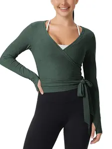 ODODOS Women's Waist Tie Wrap Top - Ultra Soft odSTRATUM Tech UPF 50+ Long Sleeve Cropped Ballet Yoga Shirt with Thumbholes