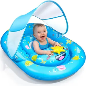 Baby Float with Canopy- UPF50+ Sun Protection Baby Pool Float,Inflatable Kids Pool Float with Adjustable Safety Seat for 6-36 Months Kids Swimming,with Marine Animal Floating Toys