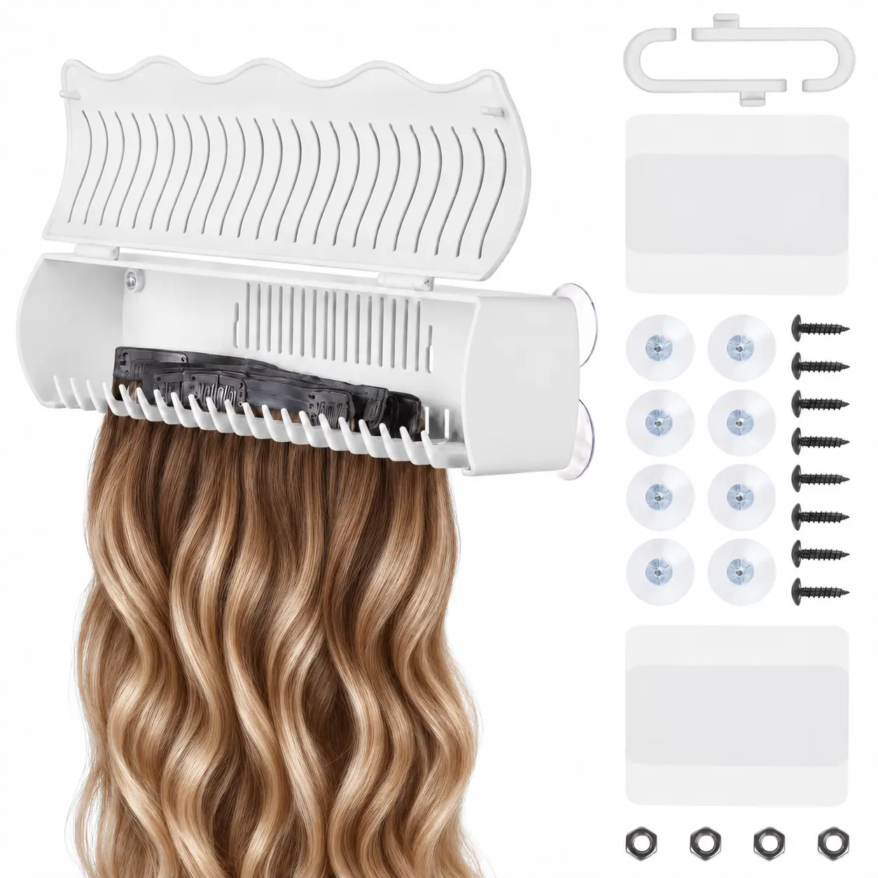 LASHEY White Wall-Mounted Hair Extension Holder Stand - Styling Tool with 4 Installation Modes for Organized Storage, Secure Hold, Drying Hair Styling Accessories, Weft, Clip-In & Tape-In Extensions