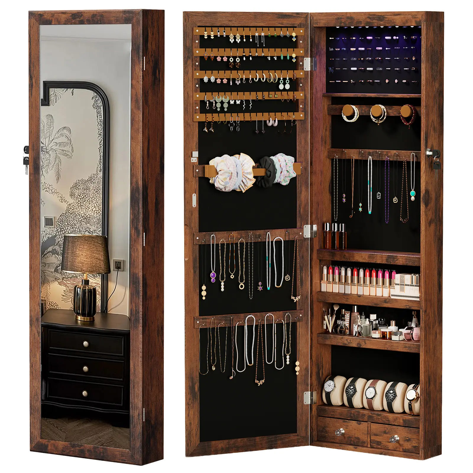 This full-length mirror jewelry armoire features built-in 6 LED lights, offering three color modes for ideal makeup and jewelry viewing. Wall-mounted for space-saving convenience, it provides ample storage for accessories and cosmetics
