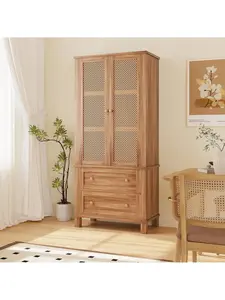 Kitchen Pantry Storage Cabinet,64.1Inch Tall Storage Cabinet With Rattan Doors And 2 Drawers, Pantry Cabinet With Adjustable Shelf, Utility Pantry For Kitchen, Dining Room