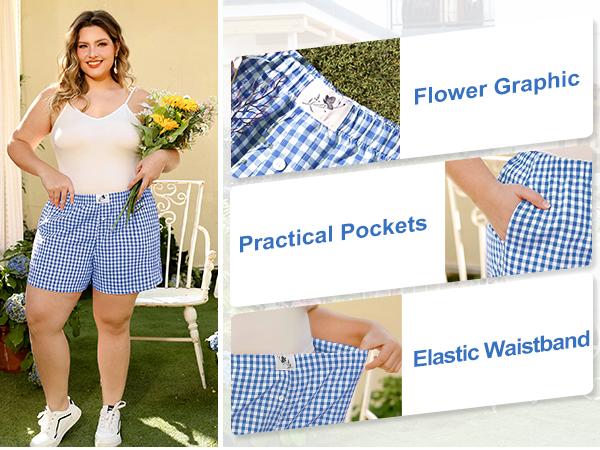 COOTRY【Plus Size】Women's Plaid Print Patched Elastic Waist Shorts, Gingham Boxer Shorts, Checkerboard Print Shorts,Casual Comfy Straight Leg Shorts for Summer,Ladies Bottoms for Daily Wear| Plus Size Fashion|Hide Belly Shorts|Flattering Fit