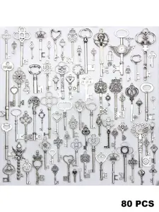 Silver Color Skull Key Pendant, 80 Bulk Mixed Vintage Castle Dungeon Pirate Victorian Hollow Heart Royal Keys, Wholesale Jewelry Accessories
