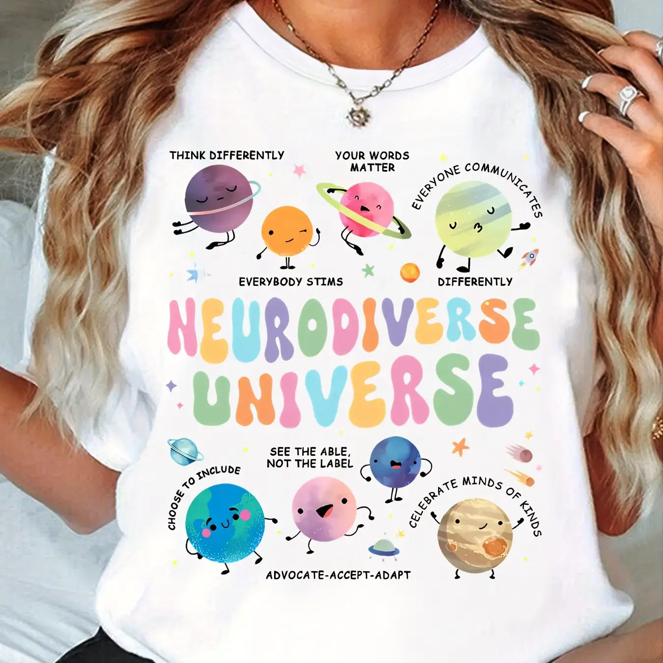 Neurodiverse Universe Printed T-Shirt, Fun Cosmic Planets, Teacher T-Shirt, a Gift for Teachers