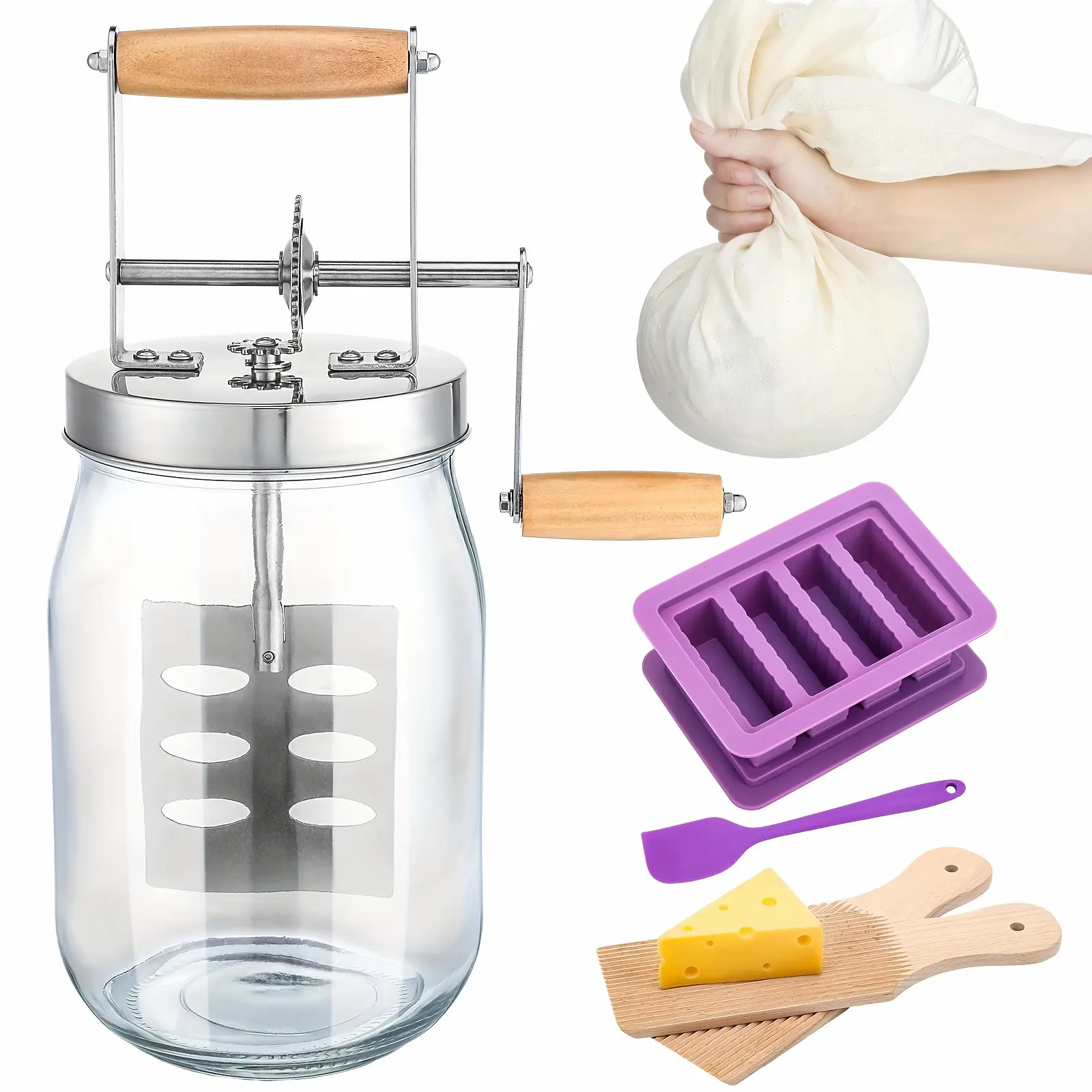 6pcs Butter Churner Hand Crank Mason Jar Set 34Oz Large Hand Crank Butter Churn Manual Butter Maker with Butter Mold Spatulas Cheese Cloth Beech Wood Butter Paddles Butter Making Kit Halloween Christmas